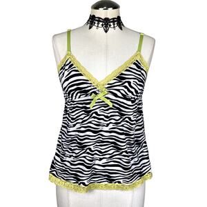 Vtg Y2K Babydoll Zebra Print Green Bow Lace Grunge Goth Emo Alt Tank Top Sz M